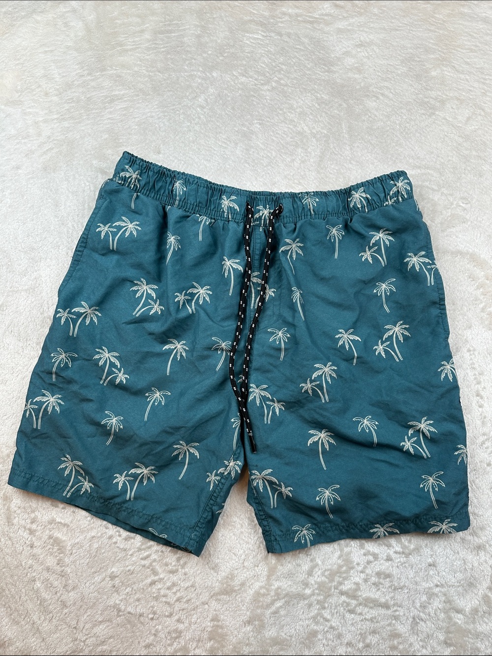 Distortion Size L Teal Palm-Print Men's Swim Trunks Drawstring Waist | Outdoors